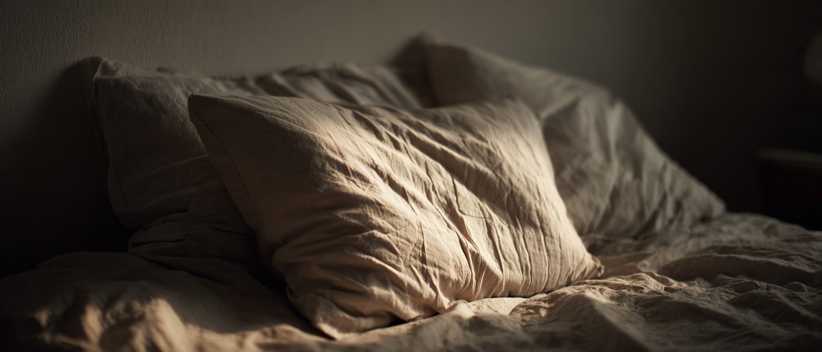 An unmade bed in low morning light, a single pillow holding the shape of the night before.